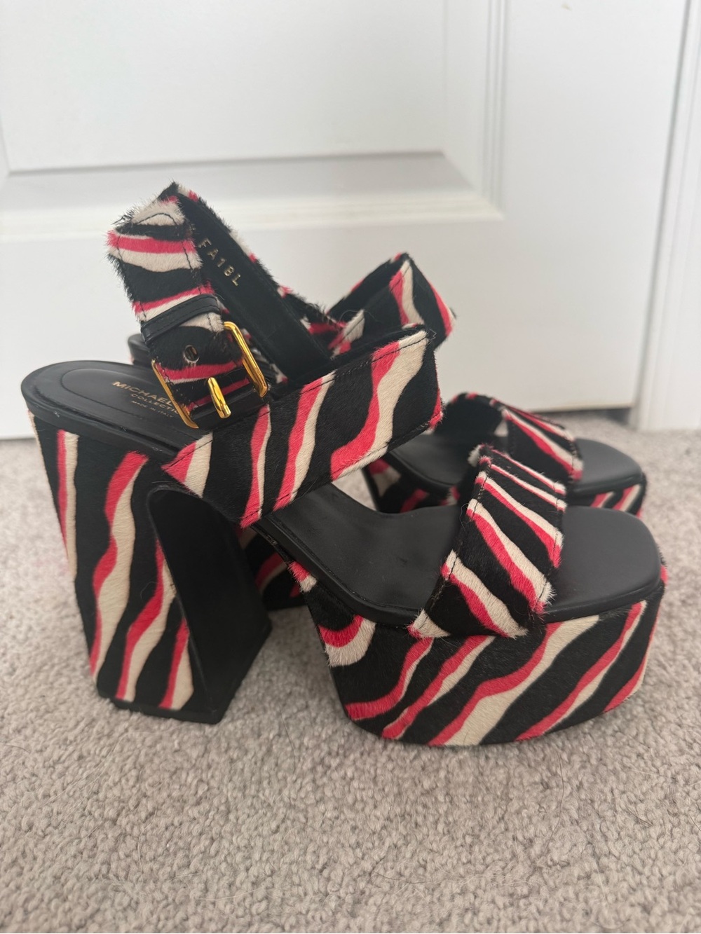 Michael Kors Collection Black, Red & Cream Zebra-Print Platform Sandals